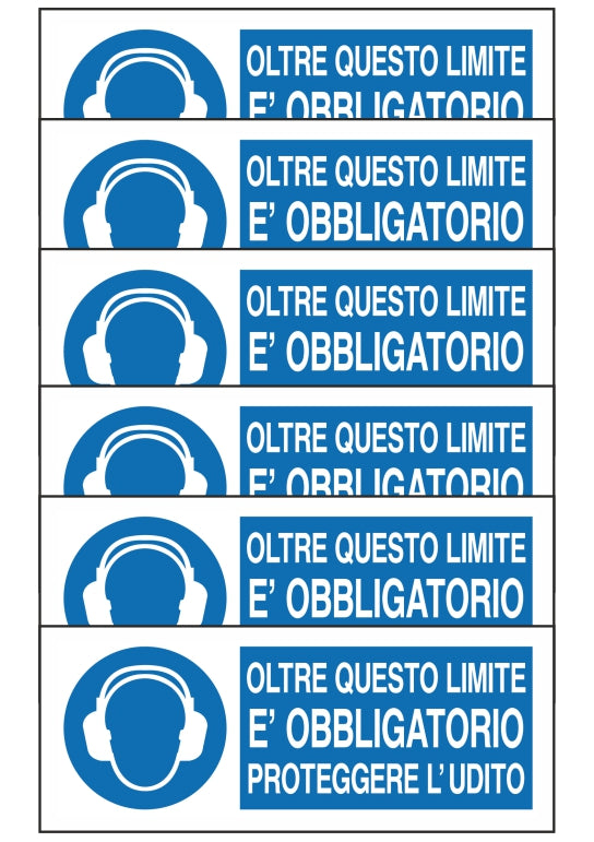 GLOBAL KIT DI 6 ADESIVI UNI - OLTRE QUESTO LIMITE E' OBBLIGATORIO PROTEGGERE L'UDITO - Pittogramma ISO 7010 Con Stampa Diretta U.V. (IDEALE ANCHE PER ESTERNO)
