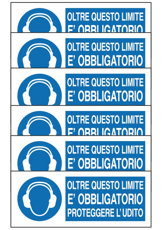 GLOBAL KIT DI 6 ADESIVI UNI - OLTRE QUESTO LIMITE E' OBBLIGATORIO PROTEGGERE L'UDITO - Pittogramma ISO 7010 Con Stampa Diretta U.V. (IDEALE ANCHE PER ESTERNO)