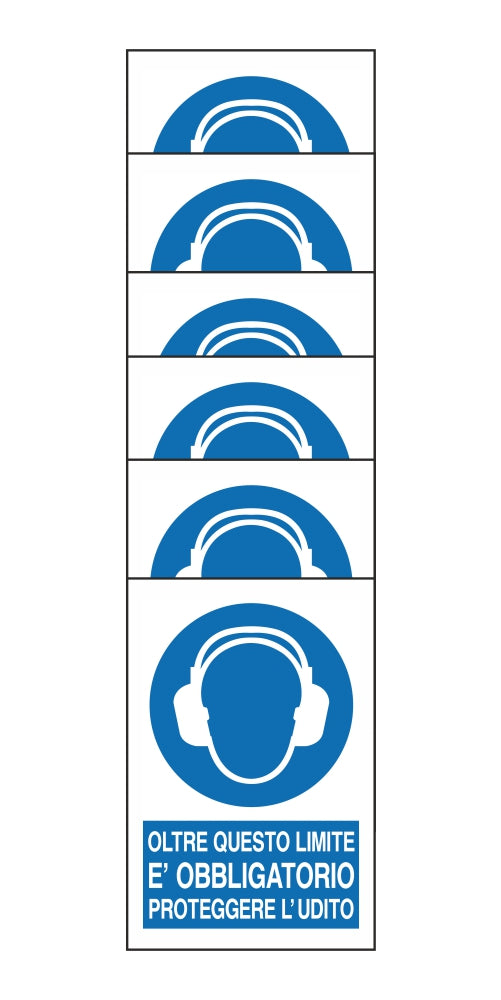 KIT DI 6 ADESIVI RETTANGOLARI - OLTRE QUESTO LIMITE E' OBBLIGATORIO PROTEGGERE L'UDITO - Pittogramma ISO 7010 Con Stampa Diretta U.V. (IDEALE ANCHE PER ESTERNO)