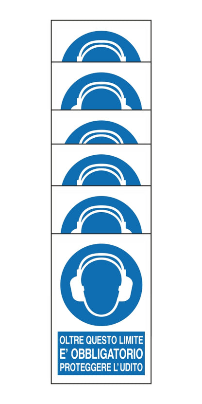 KIT DI 6 ADESIVI RETTANGOLARI - OLTRE QUESTO LIMITE E' OBBLIGATORIO PROTEGGERE L'UDITO - Pittogramma ISO 7010 Con Stampa Diretta U.V. (IDEALE ANCHE PER ESTERNO)