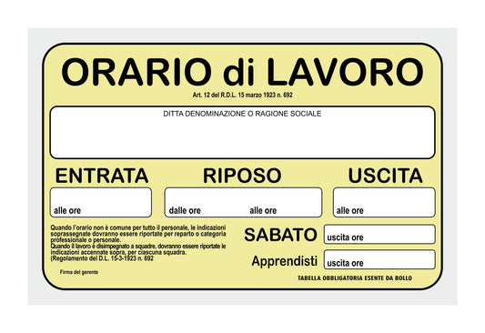 GLOBAL CARTELLO SEGNALETICO - ORARIO DI LAVORO - Adesivo Resistente, Pannello in Forex, Pannello In Alluminio