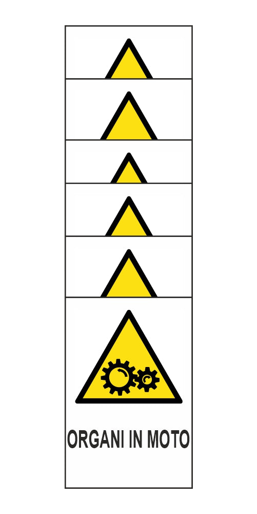 KIT DI 6 ADESIVI RETTANGOLARI - ORGANI IN MOTO - Pittogramma ISO 7010 Con Stampa Diretta U.V. (IDEALE ANCHE PER ESTERNO)