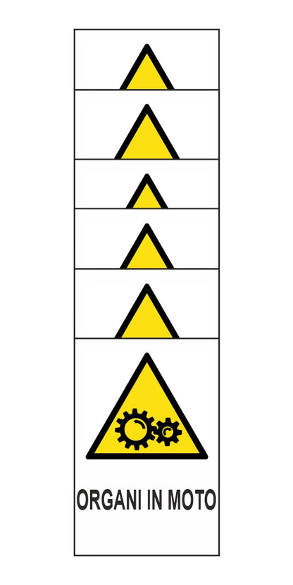 KIT DI 6 ADESIVI RETTANGOLARI - ORGANI IN MOTO - Pittogramma ISO 7010 Con Stampa Diretta U.V. (IDEALE ANCHE PER ESTERNO)