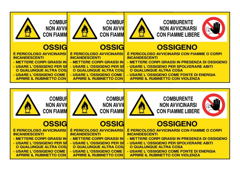 KIT DI 6 ADESIVI RETTANGOLARI - OSSIGENO - E' PERICOLOSO AVVICINARSI CON FIAMME LIBERE - Pittogramma ISO 7010 Con Stampa Diretta U.V. (IDEALE ANCHE PER ESTERNO)