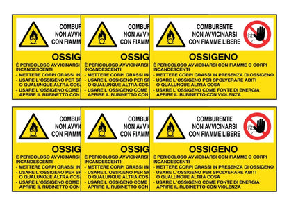 KIT DI 6 ADESIVI RETTANGOLARI - OSSIGENO - E' PERICOLOSO AVVICINARSI CON FIAMME LIBERE - Pittogramma ISO 7010 Con Stampa Diretta U.V. (IDEALE ANCHE PER ESTERNO)