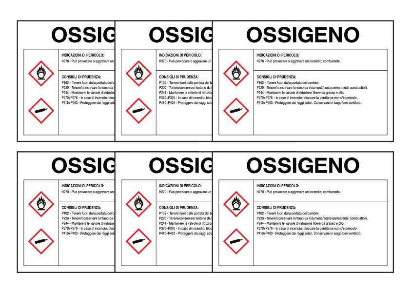 KIT DI 6 ADESIVI RETTANGOLARI - OSSIGENO RISCHI E CONSIGLI DI PRUDENZA - Pittogramma ISO 7010 Con Stampa Diretta U.V. (IDEALE ANCHE PER ESTERNO)