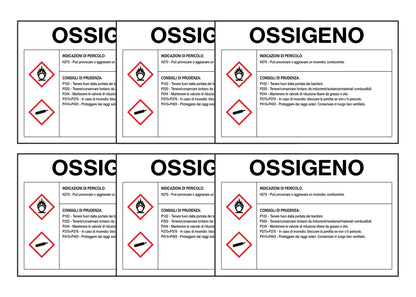KIT DI 6 ADESIVI RETTANGOLARI - OSSIGENO RISCHI E CONSIGLI DI PRUDENZA - Pittogramma ISO 7010 Con Stampa Diretta U.V. (IDEALE ANCHE PER ESTERNO)