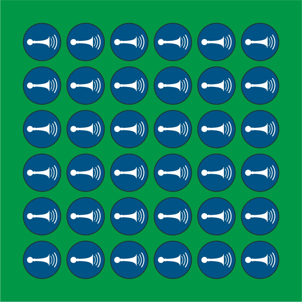 PACCO DA 6 KIT DI 6 ADESIVI ROTONDI - Obbligo di usare una segnalazione acustica - Pittogramma ISO 7010 Con Stampa Diretta U.V.