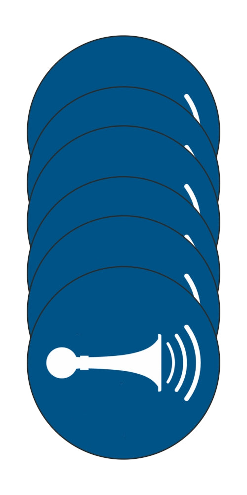 GLOBAL KIT DI 6 ADESIVI ROTONDI - Obbligo di usare una segnalazione acustica - Pittogramma ISO 7010 Con Stampa Diretta U.V. (IDEALE ANCHE PER ESTERNO)