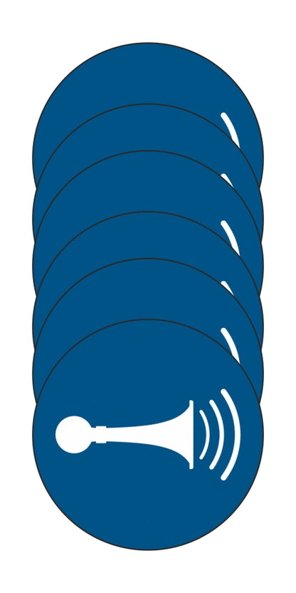 GLOBAL KIT DI 6 ADESIVI ROTONDI - Obbligo di usare una segnalazione acustica - Pittogramma ISO 7010 Con Stampa Diretta U.V. (IDEALE ANCHE PER ESTERNO)