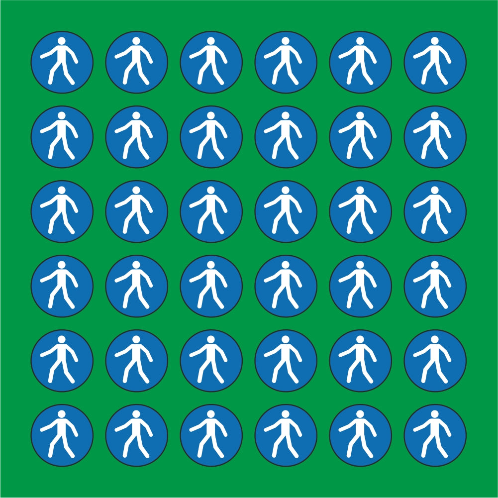 PACCO DA 6 KIT DI 6 ADESIVI ROTONDI - PASSAGGIO OBBLIGATORIO PER I PEDONI - Pittogramma ISO 7010 Con Stampa Diretta U.V.