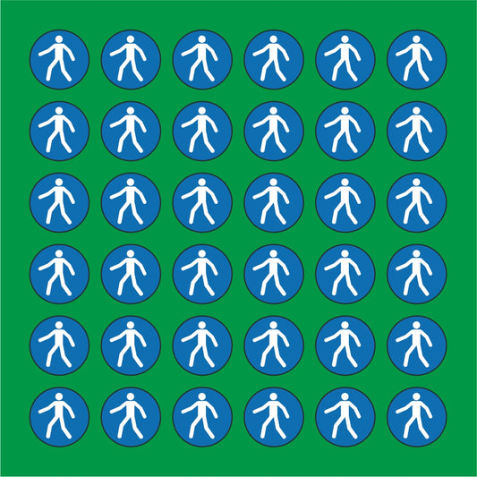 PACCO DA 6 KIT DI 6 ADESIVI ROTONDI - PASSAGGIO OBBLIGATORIO PER I PEDONI - Pittogramma ISO 7010 Con Stampa Diretta U.V.