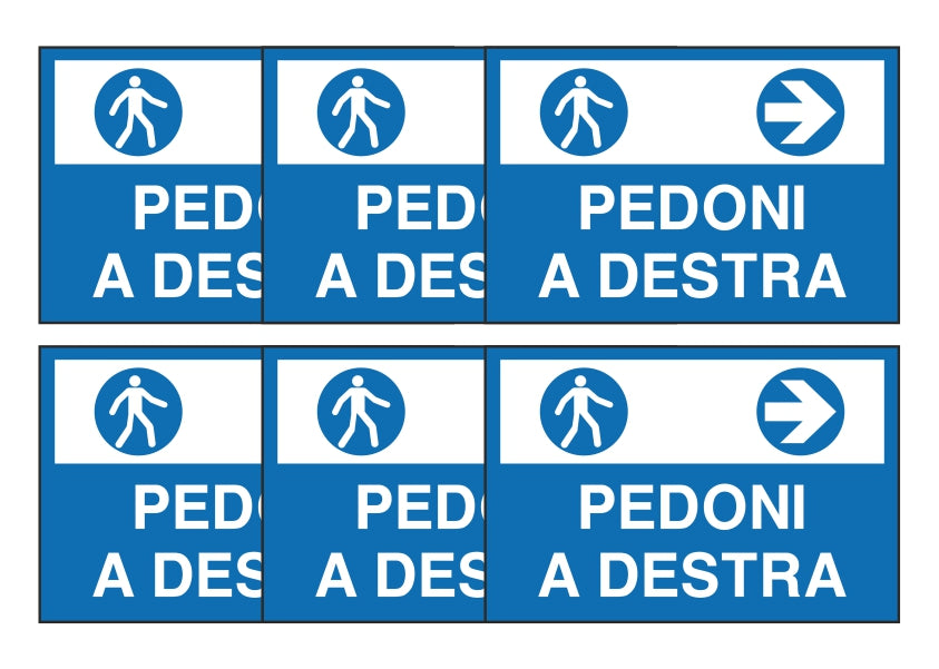 KIT DI 6 ADESIVI RETTANGOLARI - PEDONI A DESTRA - Pittogramma ISO 7010 Con Stampa Diretta U.V. (IDEALE ANCHE PER ESTERNO)