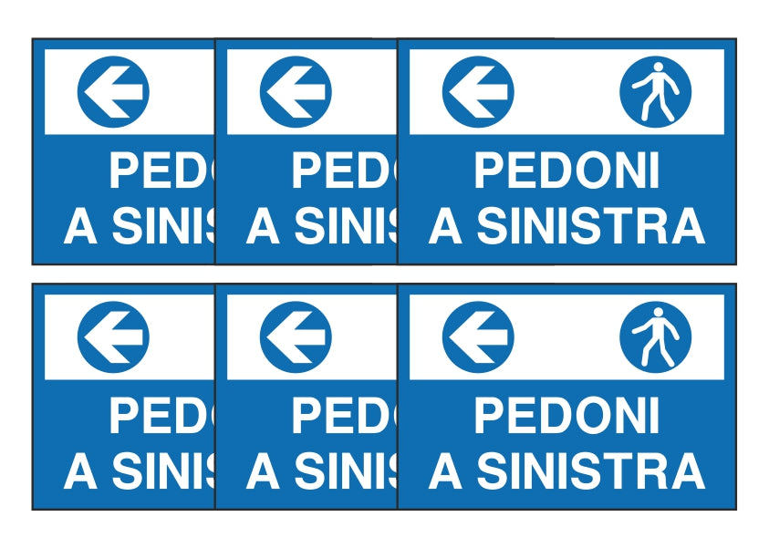 KIT DI 6 ADESIVI RETTANGOLARI - PEDONI A SINISTRA - Pittogramma ISO 7010 Con Stampa Diretta U.V. (IDEALE ANCHE PER ESTERNO)