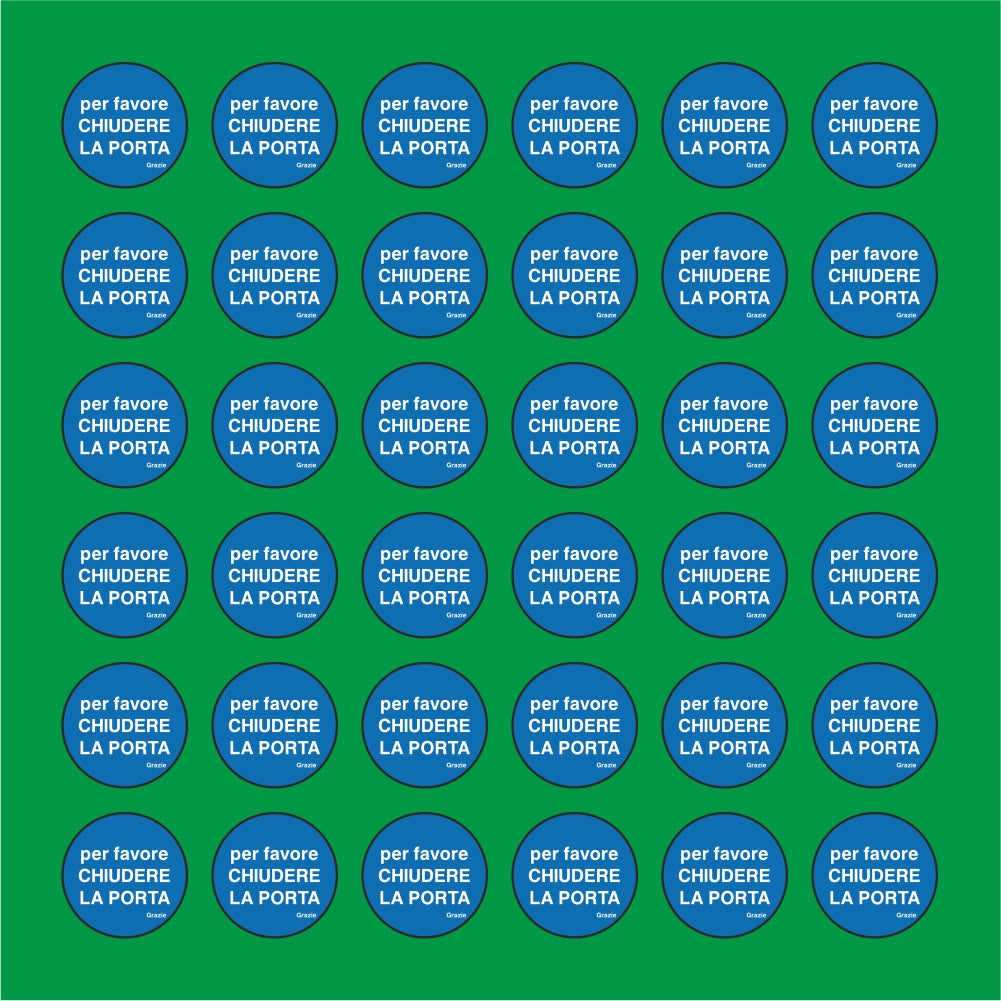 PACCO DA 6 KIT DI 6 ADESIVI ROTONDI - PER FAVORE CHIUDERE LA PORTA - GRAZIE  - Pittogramma ISO 7010 Con Stampa Diretta U.V.