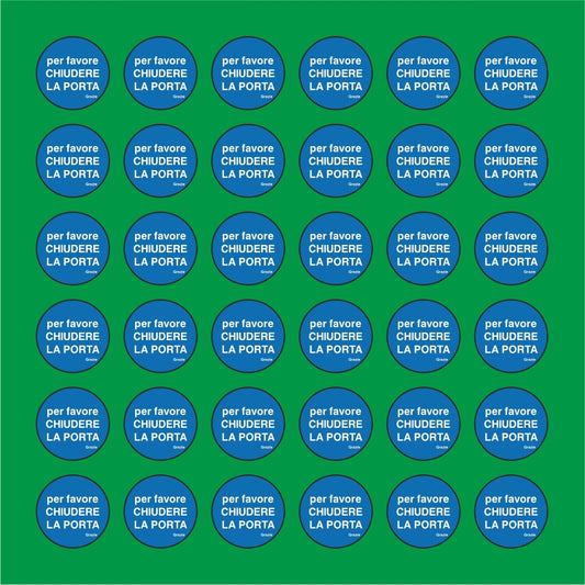 PACCO DA 6 KIT DI 6 ADESIVI ROTONDI - PER FAVORE CHIUDERE LA PORTA - GRAZIE  - Pittogramma ISO 7010 Con Stampa Diretta U.V.
