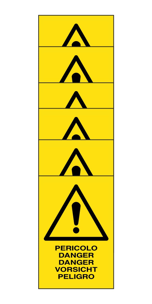 KIT DI 6 ADESIVI RETTANGOLARI - PERICOLO 5 lingue - Pittogramma ISO 7010 Con Stampa Diretta U.V. (IDEALE ANCHE PER ESTERNO)