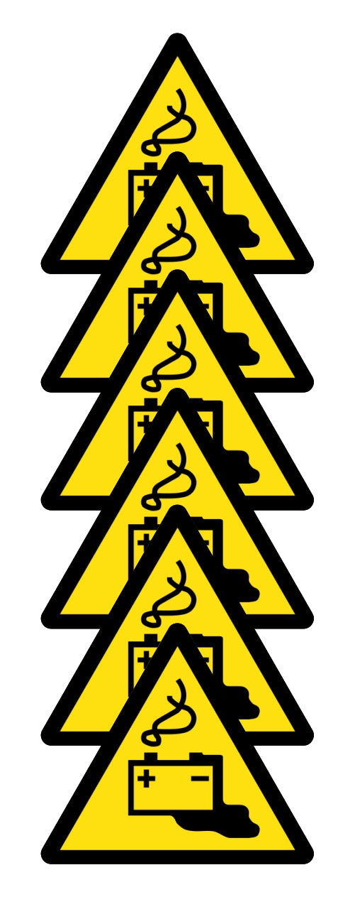 GLOBAL KIT DI 6 ADESIVI TRIANGOLARI - PERICOLO ACCUMULATORI - Pittogramma ISO 7010 Con Stampa Diretta U.V. (IDEALE ANCHE PER ESTERNO)