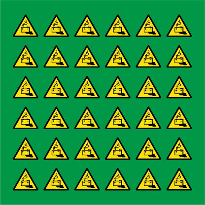 PACCO DA 6 KIT DI 6 ADESIVI TRIANGOLARI - PERICOLO ACCUMULATORI - Pittogramma ISO 7010 Con Stampa Diretta U.V.