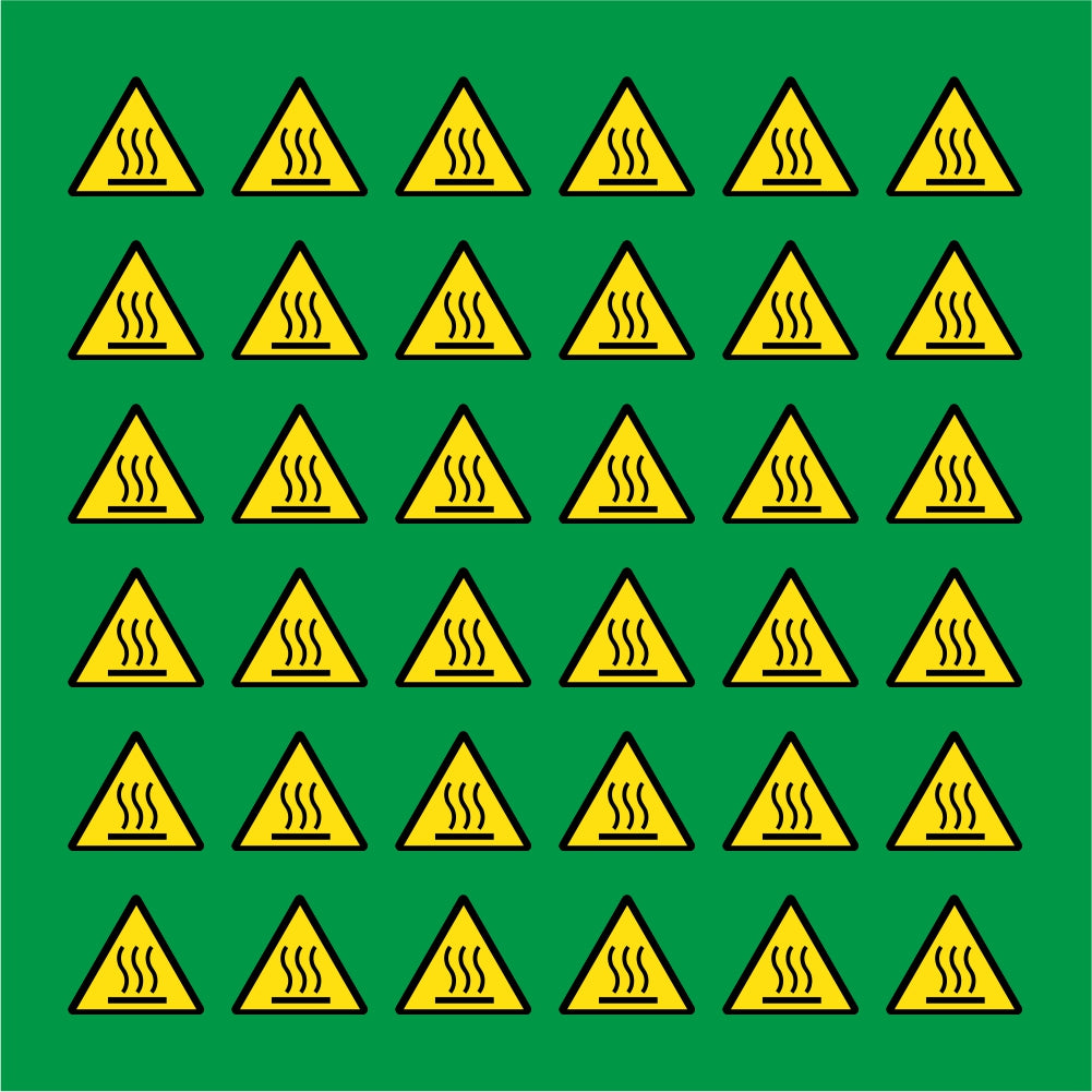 PACCO DA 6 KIT DI 6 ADESIVI TRIANGOLARI - PERICOLO ALTE TEMPERATURE - Pittogramma ISO 7010 Con Stampa Diretta U.V.