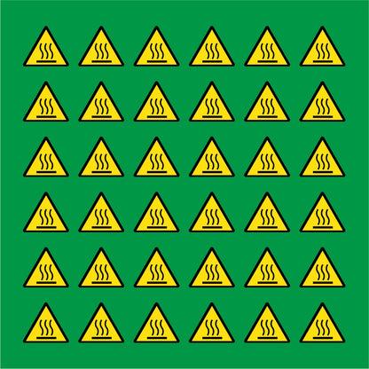 PACCO DA 6 KIT DI 6 ADESIVI TRIANGOLARI - PERICOLO ALTE TEMPERATURE - Pittogramma ISO 7010 Con Stampa Diretta U.V.
