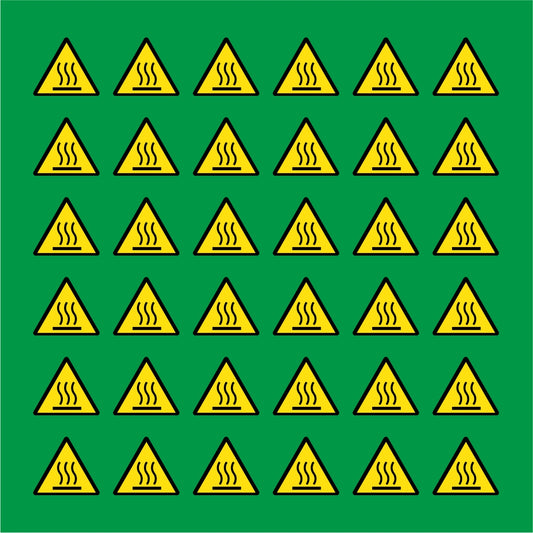 PACCO DA 6 KIT DI 6 ADESIVI TRIANGOLARI - PERICOLO ALTE TEMPERATURE - Pittogramma ISO 7010 Con Stampa Diretta U.V.