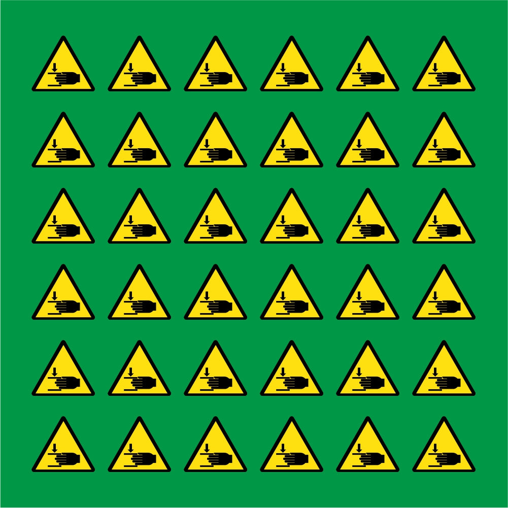 PACCO DA 6 KIT DI 6 ADESIVI TRIANGOLARI - PERICOLO ATTENZIONE ALLE MANI  - Pittogramma ISO 7010 Con Stampa Diretta U.V.