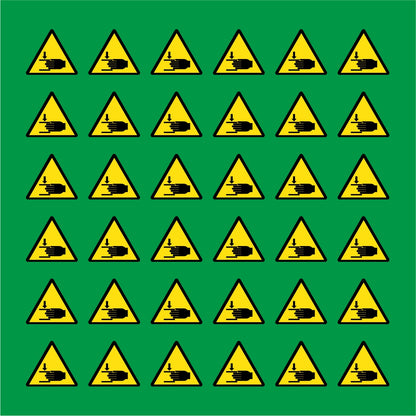 PACCO DA 6 KIT DI 6 ADESIVI TRIANGOLARI - PERICOLO ATTENZIONE ALLE MANI  - Pittogramma ISO 7010 Con Stampa Diretta U.V.