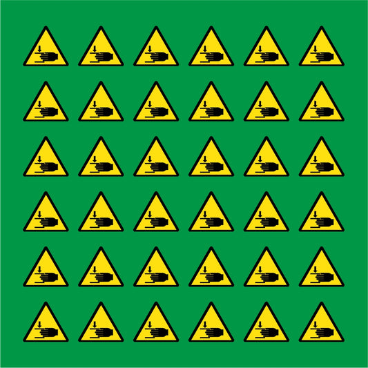 PACCO DA 6 KIT DI 6 ADESIVI TRIANGOLARI - PERICOLO ATTENZIONE ALLE MANI  - Pittogramma ISO 7010 Con Stampa Diretta U.V.