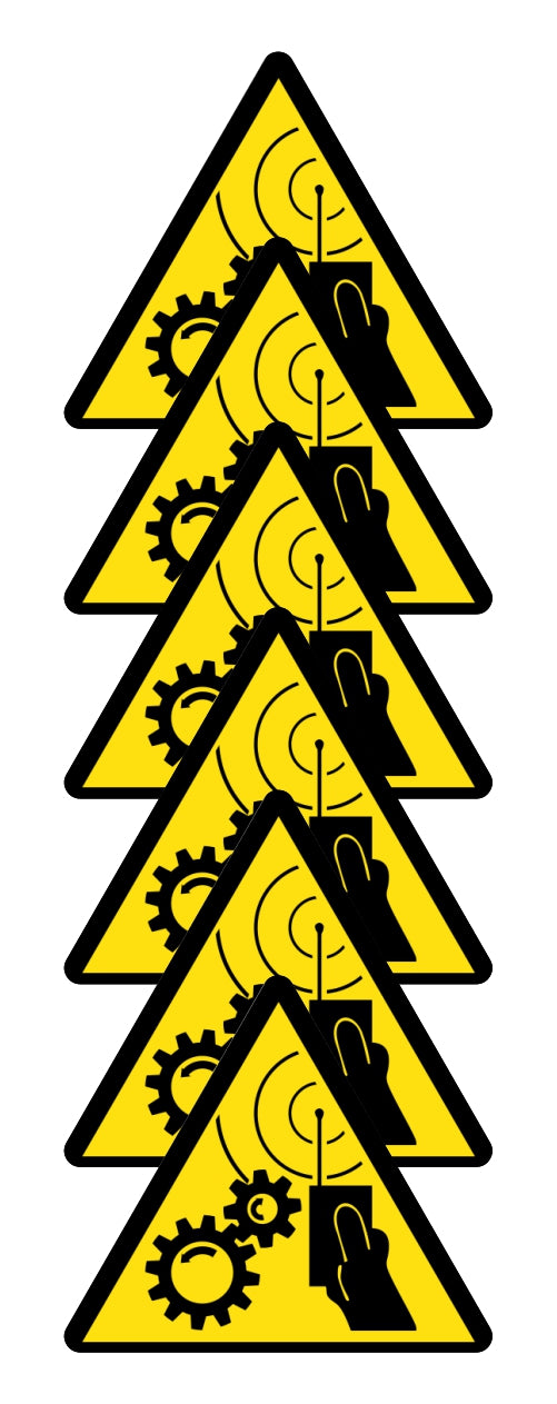 GLOBAL KIT DI 6 ADESIVI TRIANGOLARI - PERICOLO AVVIAMENTO AUTOMATICO CON COMANDO A DISTANZA - Pittogramma ISO 7010 Con Stampa Diretta U.V. (IDEALE ANCHE PER ESTERNO)
