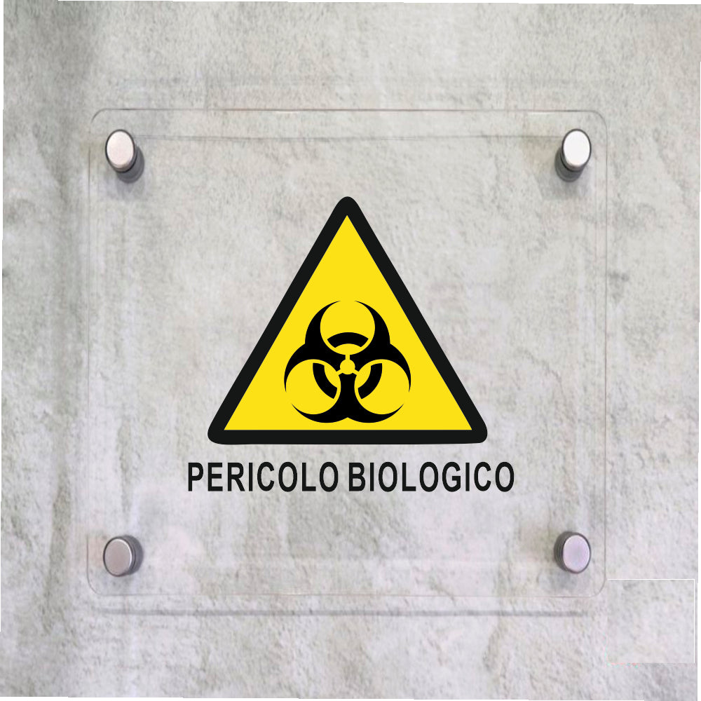 Global Targa Cartello in plexiglass Quadrato - PERICOLO BIOLOGICO - Con Distanziali in acciaio inox, Stampa UV