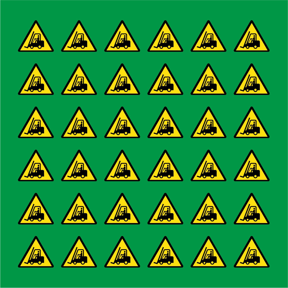 PACCO DA 6 KIT DI 6 ADESIVI TRIANGOLARI - PERICOLO CARRELLI ELEVATORI - Pittogramma ISO 7010 Con Stampa Diretta U.V.