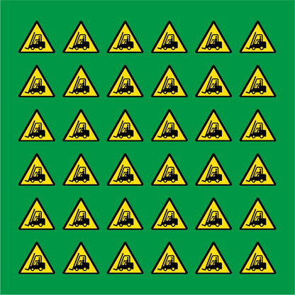 PACCO DA 6 KIT DI 6 ADESIVI TRIANGOLARI - PERICOLO CARRELLI ELEVATORI - Pittogramma ISO 7010 Con Stampa Diretta U.V.