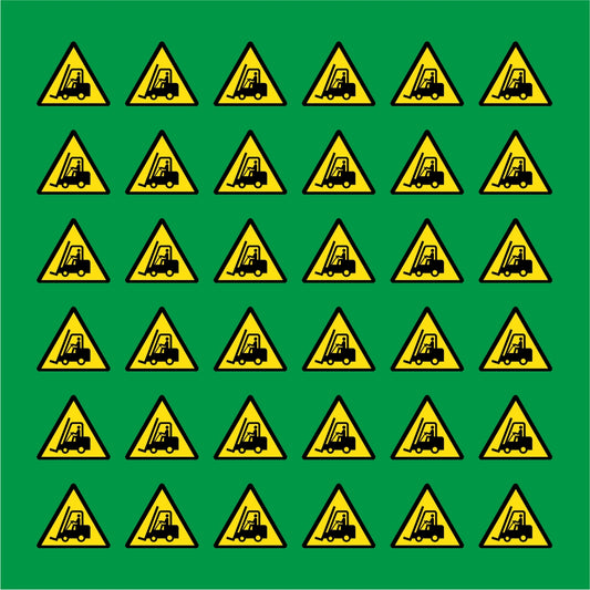PACCO DA 6 KIT DI 6 ADESIVI TRIANGOLARI - PERICOLO CARRELLI ELEVATORI - Pittogramma ISO 7010 Con Stampa Diretta U.V.