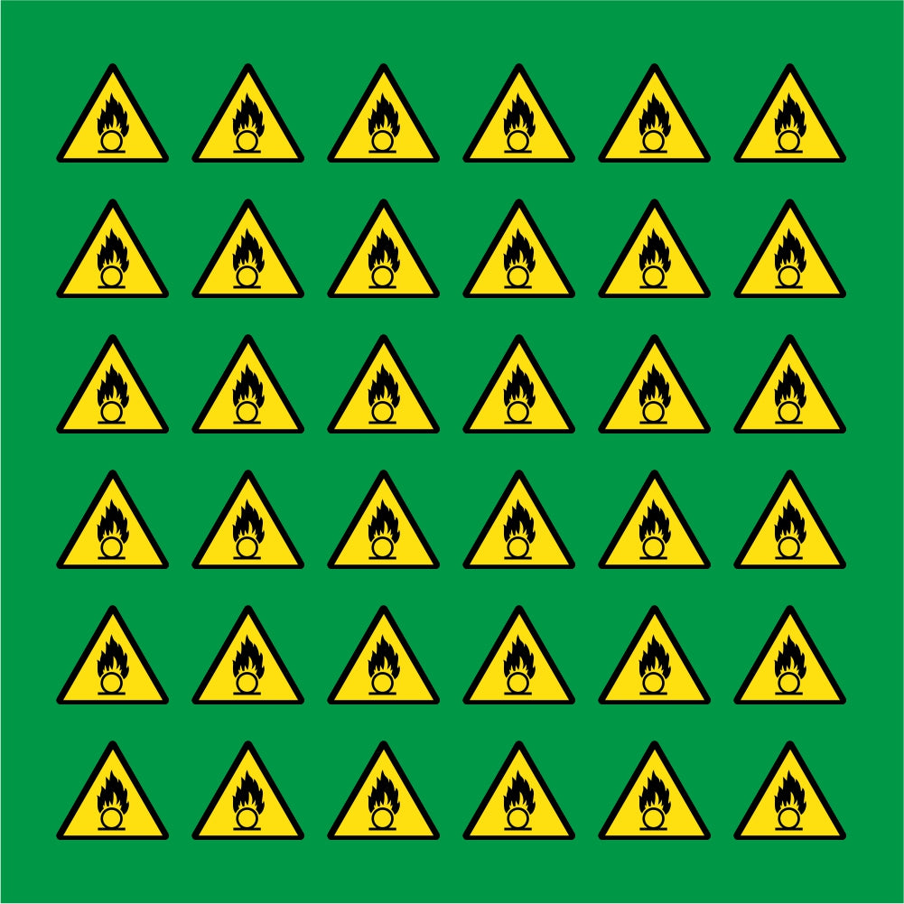 PACCO DA 6 KIT DI 6 ADESIVI TRIANGOLARI - PERICOLO COMBURENTE - Pittogramma ISO 7010 Con Stampa Diretta U.V.