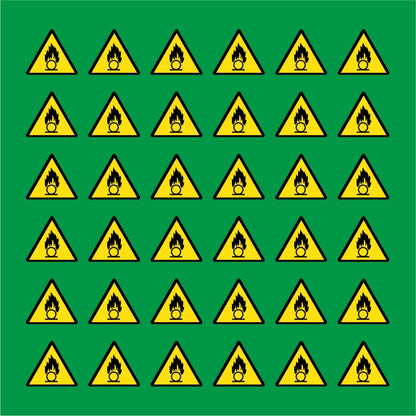 PACCO DA 6 KIT DI 6 ADESIVI TRIANGOLARI - PERICOLO COMBURENTE - Pittogramma ISO 7010 Con Stampa Diretta U.V.