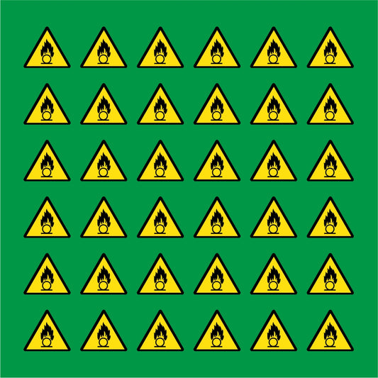 PACCO DA 6 KIT DI 6 ADESIVI TRIANGOLARI - PERICOLO COMBURENTE - Pittogramma ISO 7010 Con Stampa Diretta U.V.