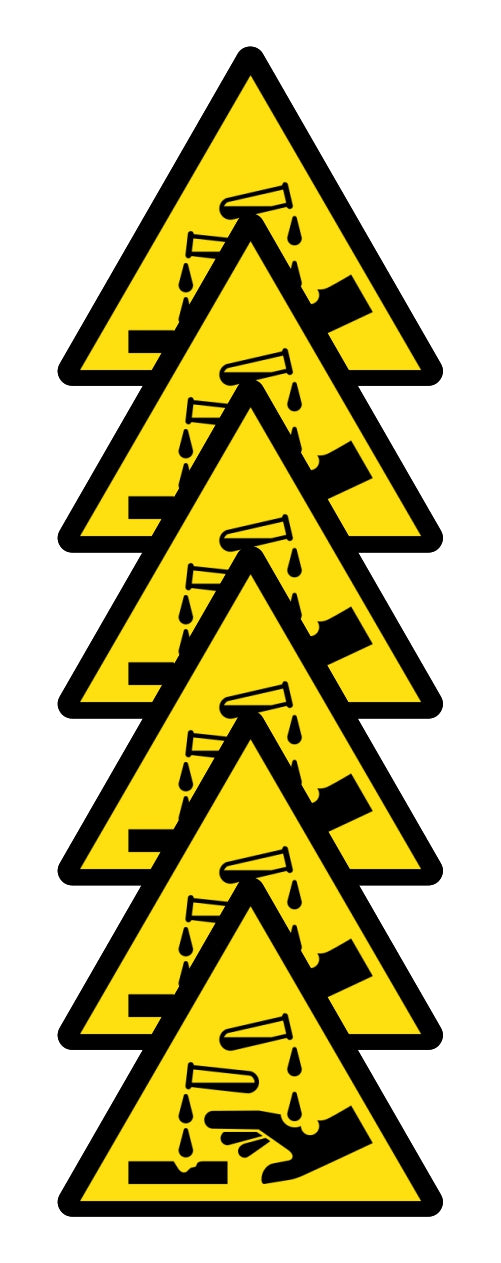 GLOBAL KIT DI 6 ADESIVI TRIANGOLARI - PERICOLO CORROSIVO - Pittogramma ISO 7010 Con Stampa Diretta U.V. (IDEALE ANCHE PER ESTERNO)