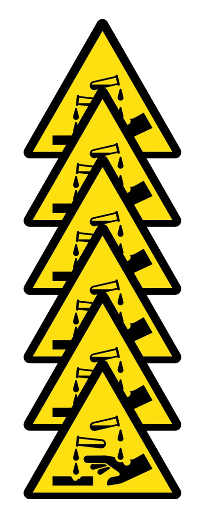 GLOBAL KIT DI 6 ADESIVI TRIANGOLARI - PERICOLO CORROSIVO - Pittogramma ISO 7010 Con Stampa Diretta U.V. (IDEALE ANCHE PER ESTERNO)