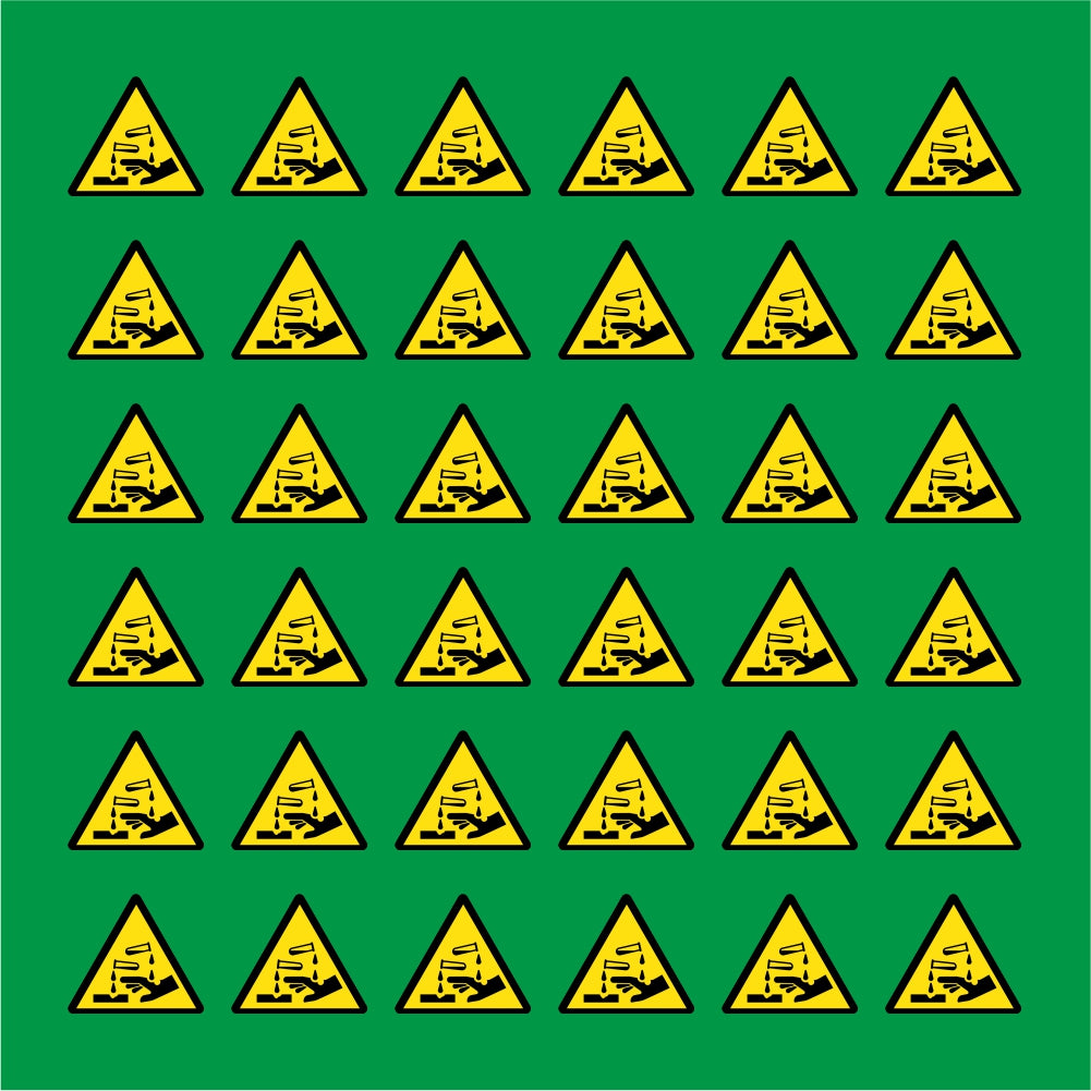 PACCO DA 6 KIT DI 6 ADESIVI TRIANGOLARI - PERICOLO CORROSIVO - Pittogramma ISO 7010 Con Stampa Diretta U.V.