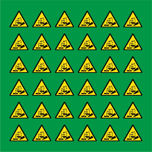 PACCO DA 6 KIT DI 6 ADESIVI TRIANGOLARI - PERICOLO CORROSIVO - Pittogramma ISO 7010 Con Stampa Diretta U.V.