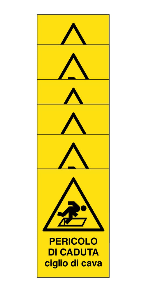 KIT DI 6 ADESIVI RETTANGOLARI - PERICOLO DI CADUTA CIGLIO DI CAVA - Pittogramma ISO 7010 Con Stampa Diretta U.V. (IDEALE ANCHE PER ESTERNO)