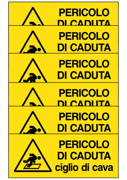 KIT DI 6 ADESIVI UNI - PERICOLO DI CADUTA CIGLIO DI CAVA - Pittogramma ISO 7010 Con Stampa Diretta U.V. (IDEALE ANCHE PER ESTERNO)