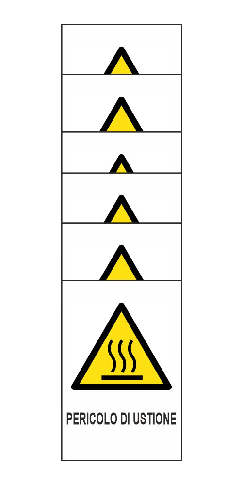 KIT DI 6 ADESIVI RETTANGOLARI - PERICOLO DI USTIONE  - Pittogramma ISO 7010 Con Stampa Diretta U.V. (IDEALE ANCHE PER ESTERNO)