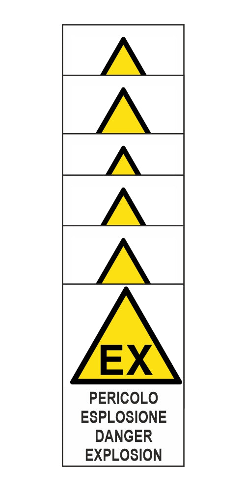 KIT DI 6 ADESIVI RETTANGOLARI - PERICOLO ESPLOSIONE DANGER EXPLOSION - Pittogramma ISO 7010 Con Stampa Diretta U.V. (IDEALE ANCHE PER ESTERNO)