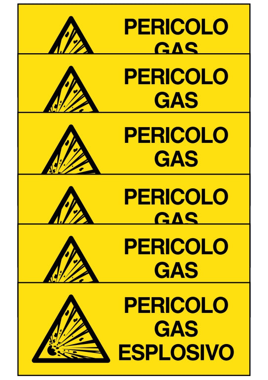 GLOBAL KIT DI 6 ADESIVI UNI - PERICOLO GAS ESPLOSIVO - Pittogramma ISO 7010 Con Stampa Diretta U.V. (IDEALE ANCHE PER ESTERNO)