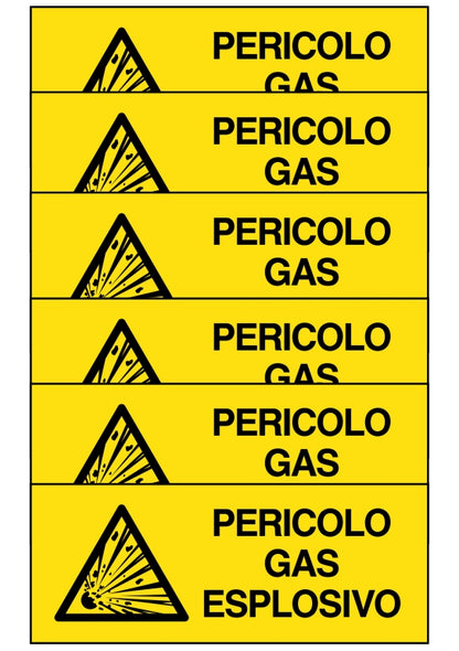 GLOBAL KIT DI 6 ADESIVI UNI - PERICOLO GAS ESPLOSIVO - Pittogramma ISO 7010 Con Stampa Diretta U.V. (IDEALE ANCHE PER ESTERNO)