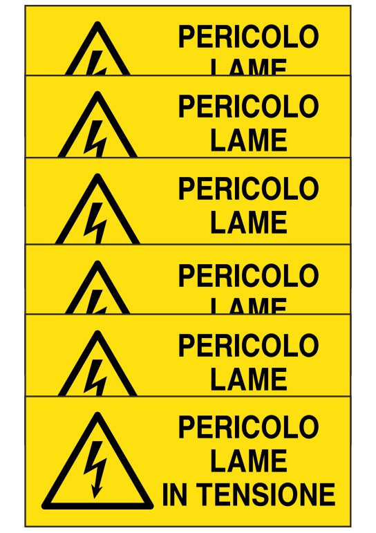 KIT DI 6 ADESIVI UNI - PERICOLO LAME IN TENSIONE - Pittogramma ISO 7010 Con Stampa Diretta U.V. (IDEALE ANCHE PER ESTERNO)