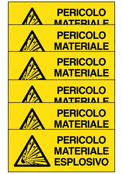 GLOBAL KIT DI 6 ADESIVI UNI - PERICOLO MATERIALE ESPLOSIVO - Pittogramma ISO 7010 Con Stampa Diretta U.V. (IDEALE ANCHE PER ESTERNO)