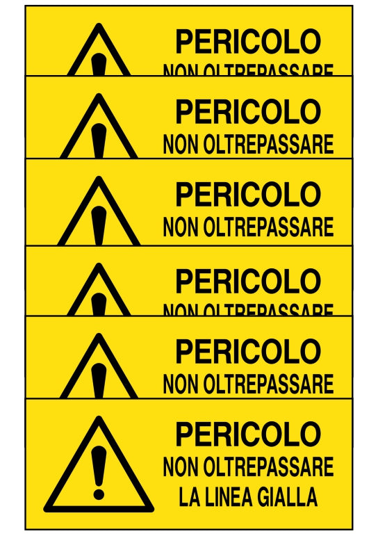 GLOBAL KIT DI 6 ADESIVI UNI - PERICOLO NON OLTREPASSARE LA LINEA GIALLA - Pittogramma ISO 7010 Con Stampa Diretta U.V. (IDEALE ANCHE PER ESTERNO)